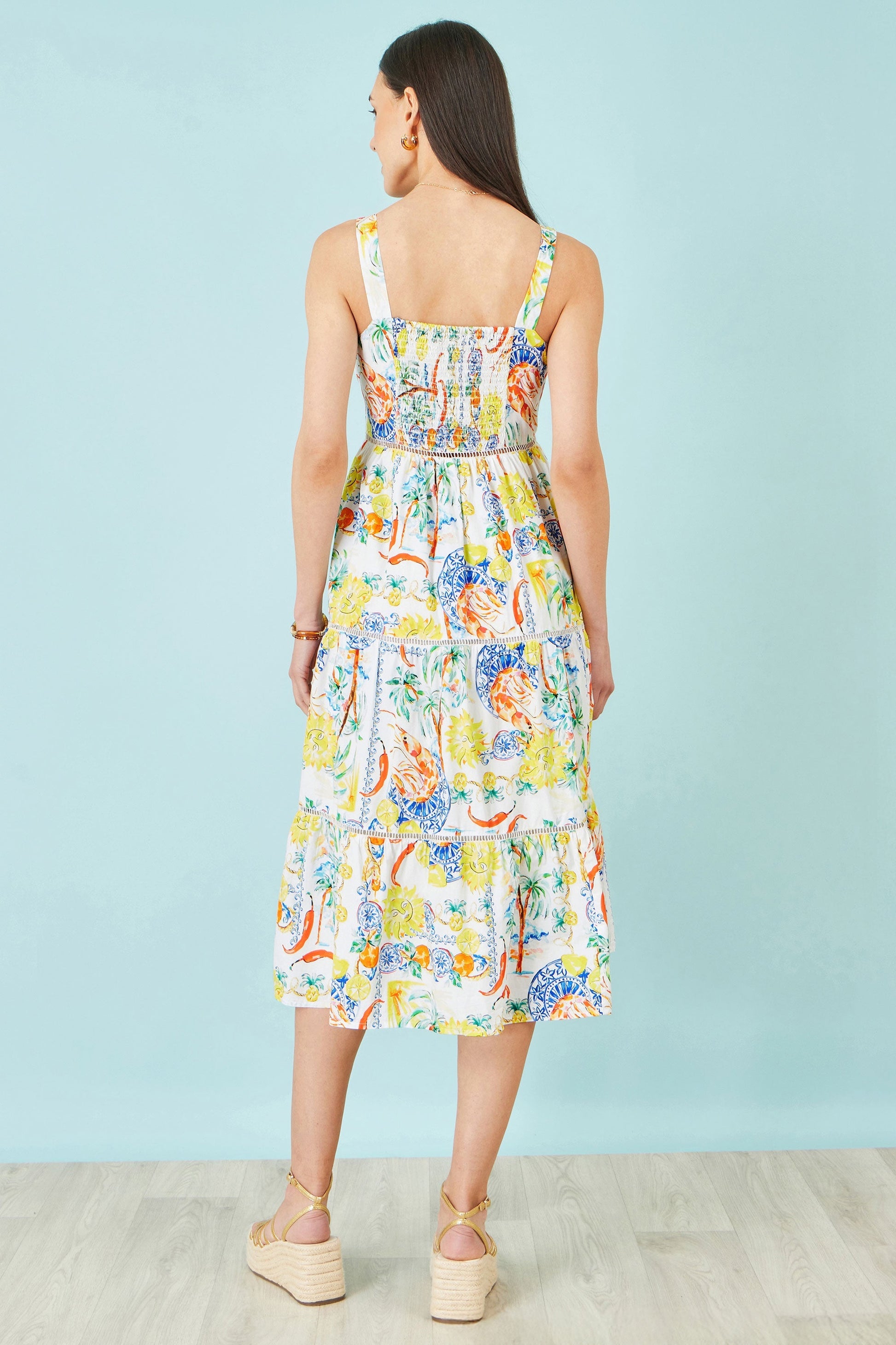 White Mediterranean Print Cotton Midi Sun Dress - Bascora