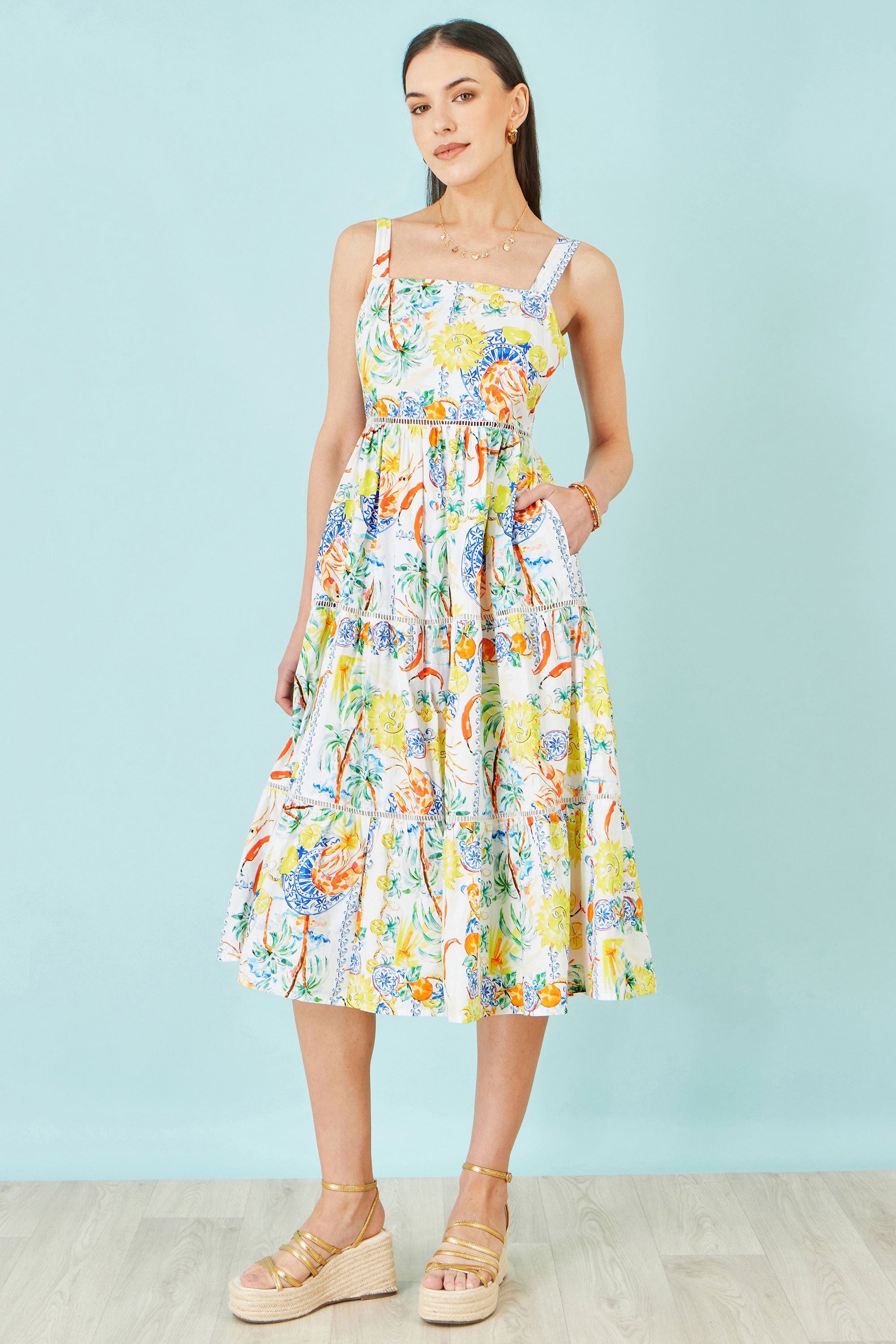 White Mediterranean Print Cotton Midi Sun Dress - Bascora