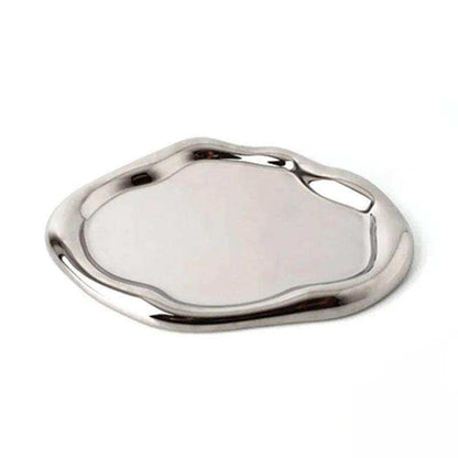 Silver tray with a handle on a white background