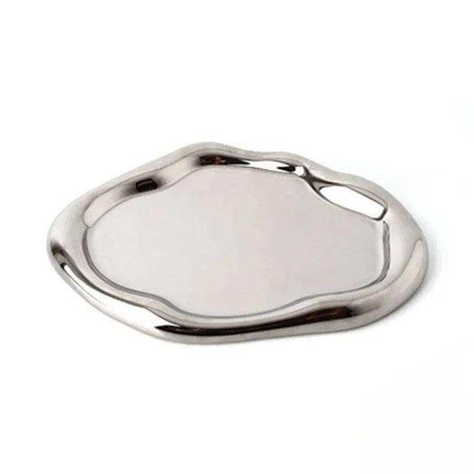 Silver tray with a handle on a white background