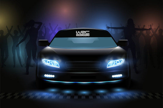 Dark car with glowing headlights on a checkered background