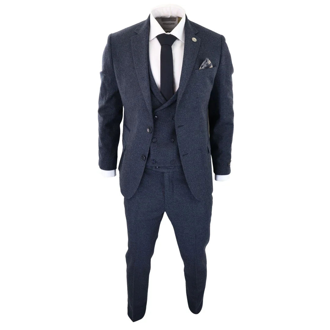 Men's 3 Piece Blue Double Breasted Waistcoat Tweed Suit