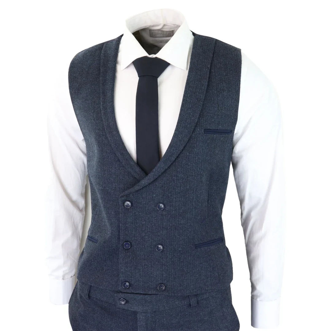 Men's 3 Piece Blue Double Breasted Waistcoat Tweed Suit