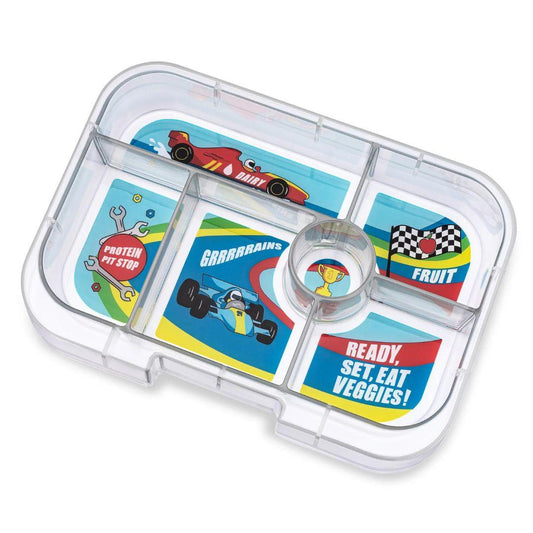 Children's snack tray with compartments labeled for different food types on a white background