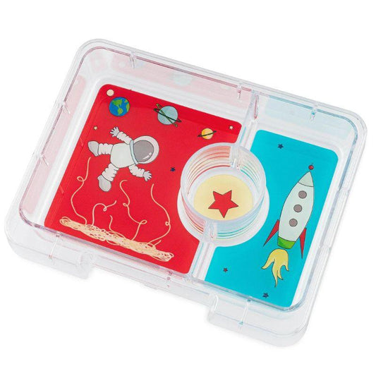Transparent lunch box tray with spaceman and rocket design on a white background