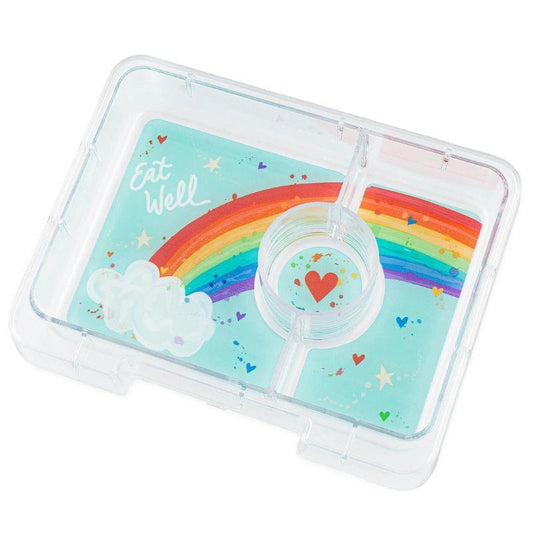 Transparent lunch box tray with rainbow design and 'Eat Well' text on a white background