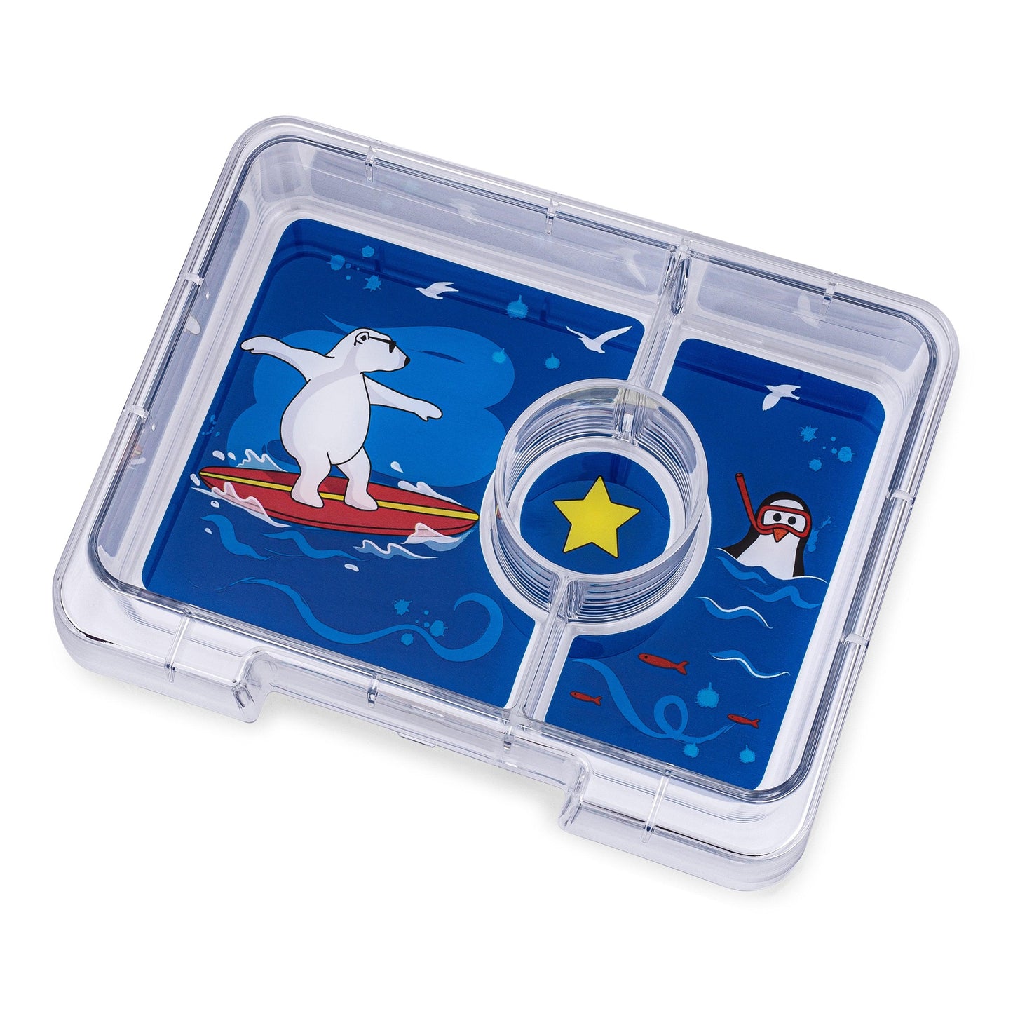 Clear plastic container with cartoon designs of a polar bear and penguin on a blue background