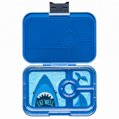 Blue lunch box with shark design and 'Eat Well' text on a white background