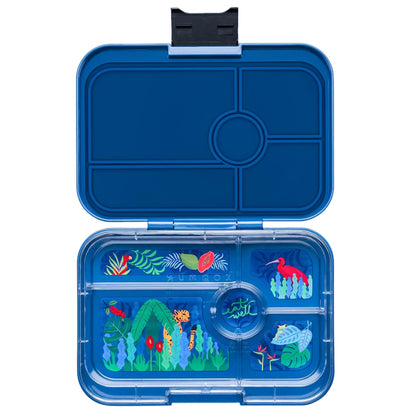 Blue compartmentalized container with marine-themed design on a white background