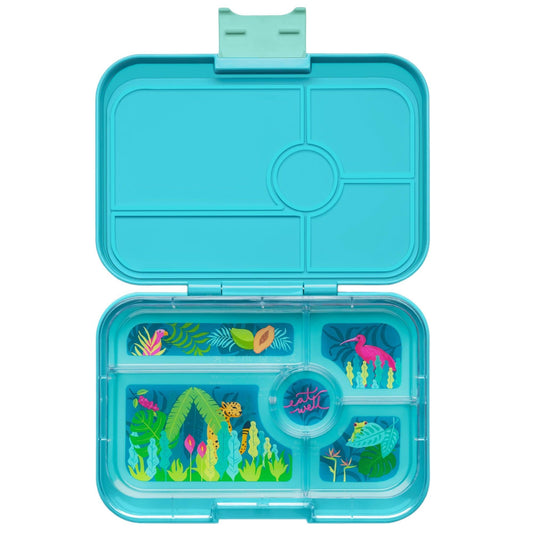 Blue bento box with colorful compartments on a white background