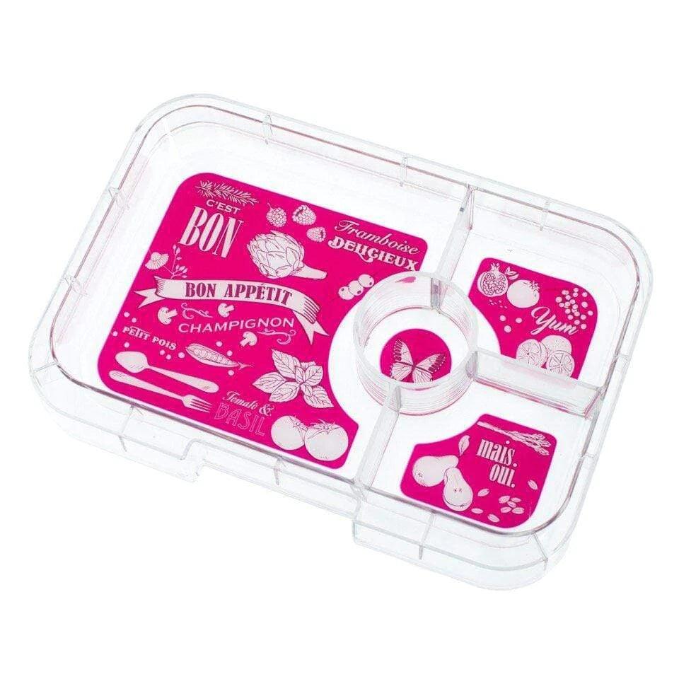 Pink and clear plastic container with food-themed labels on a white background