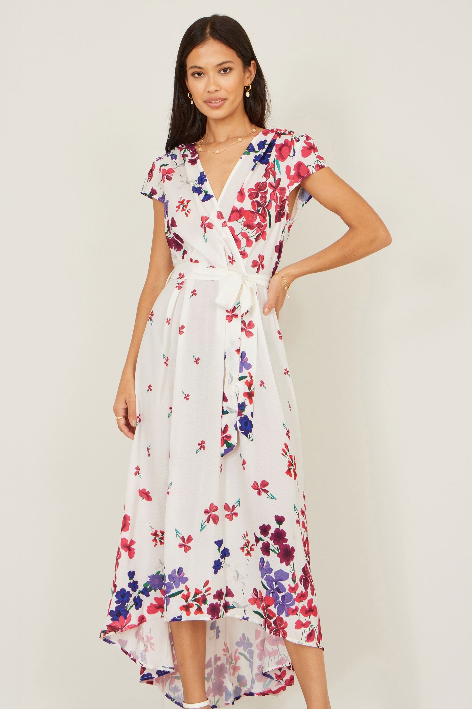 Yumi Ivory Floral Mirror Wrap Dress With Dip Hem - Bascora