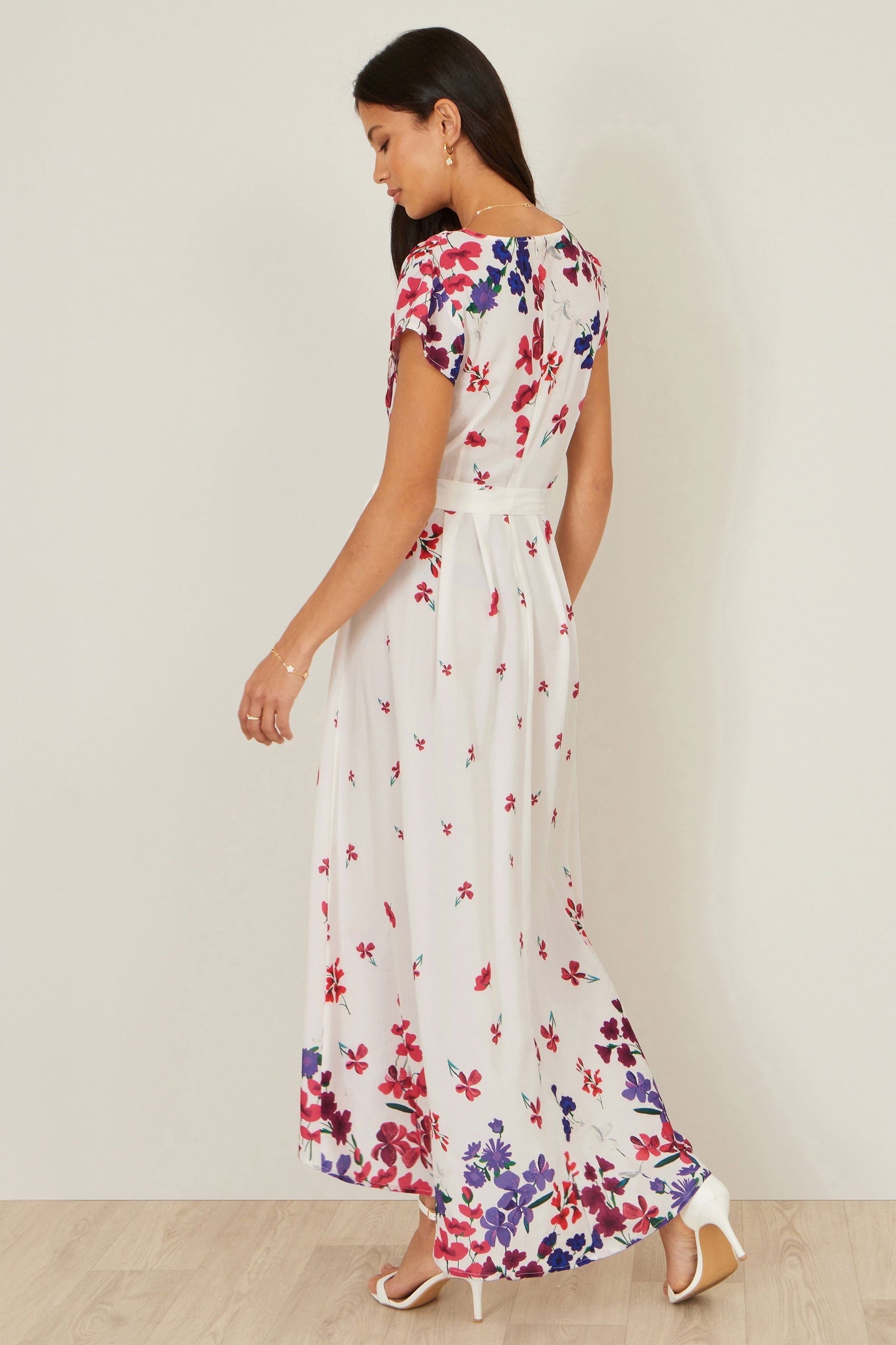 Yumi Ivory Floral Mirror Wrap Dress With Dip Hem - Bascora