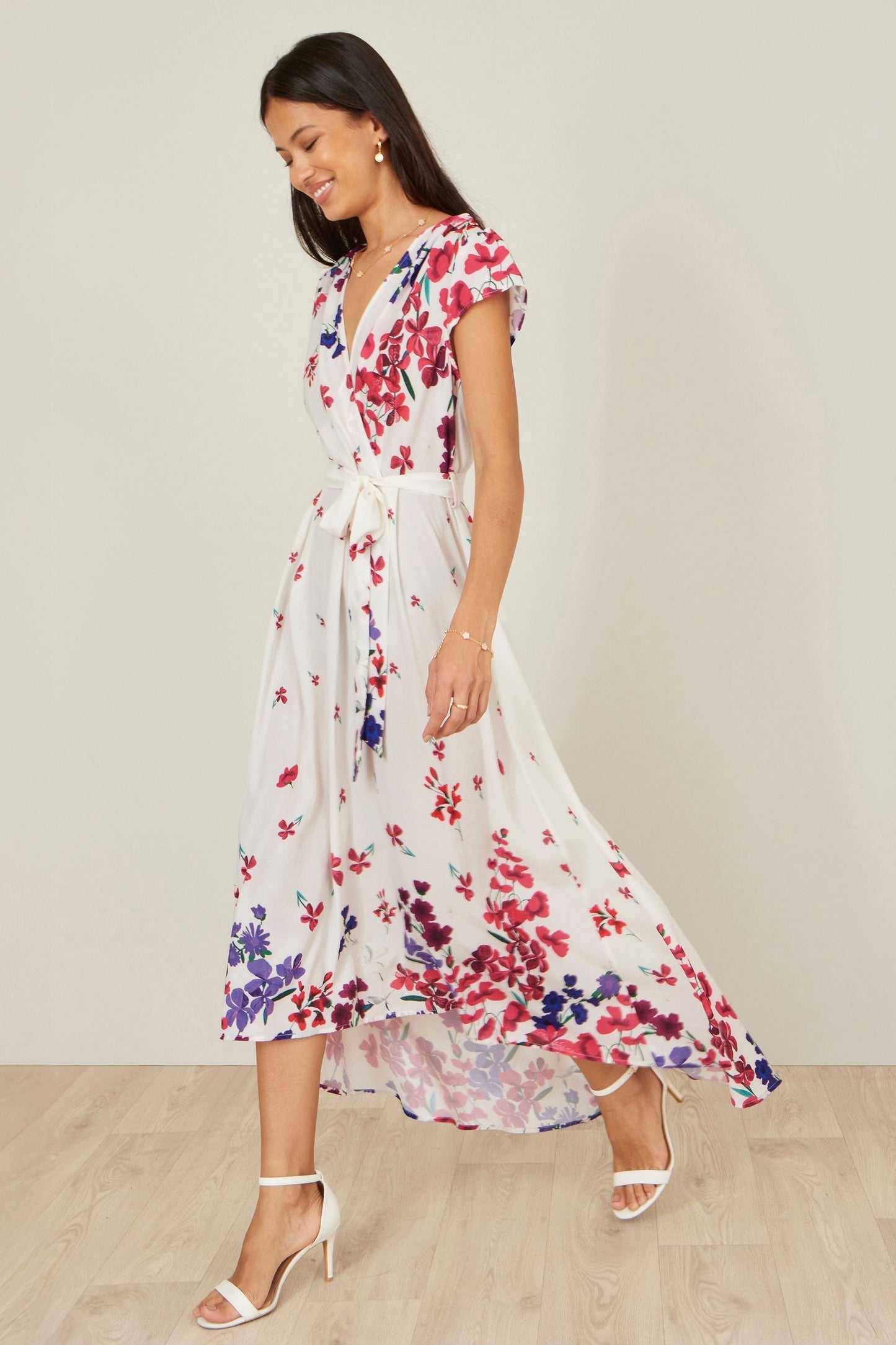 Yumi Ivory Floral Mirror Wrap Dress With Dip Hem - Bascora