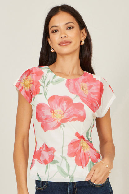 Yumi Ivory Poppy Print Mesh Top - Bascora