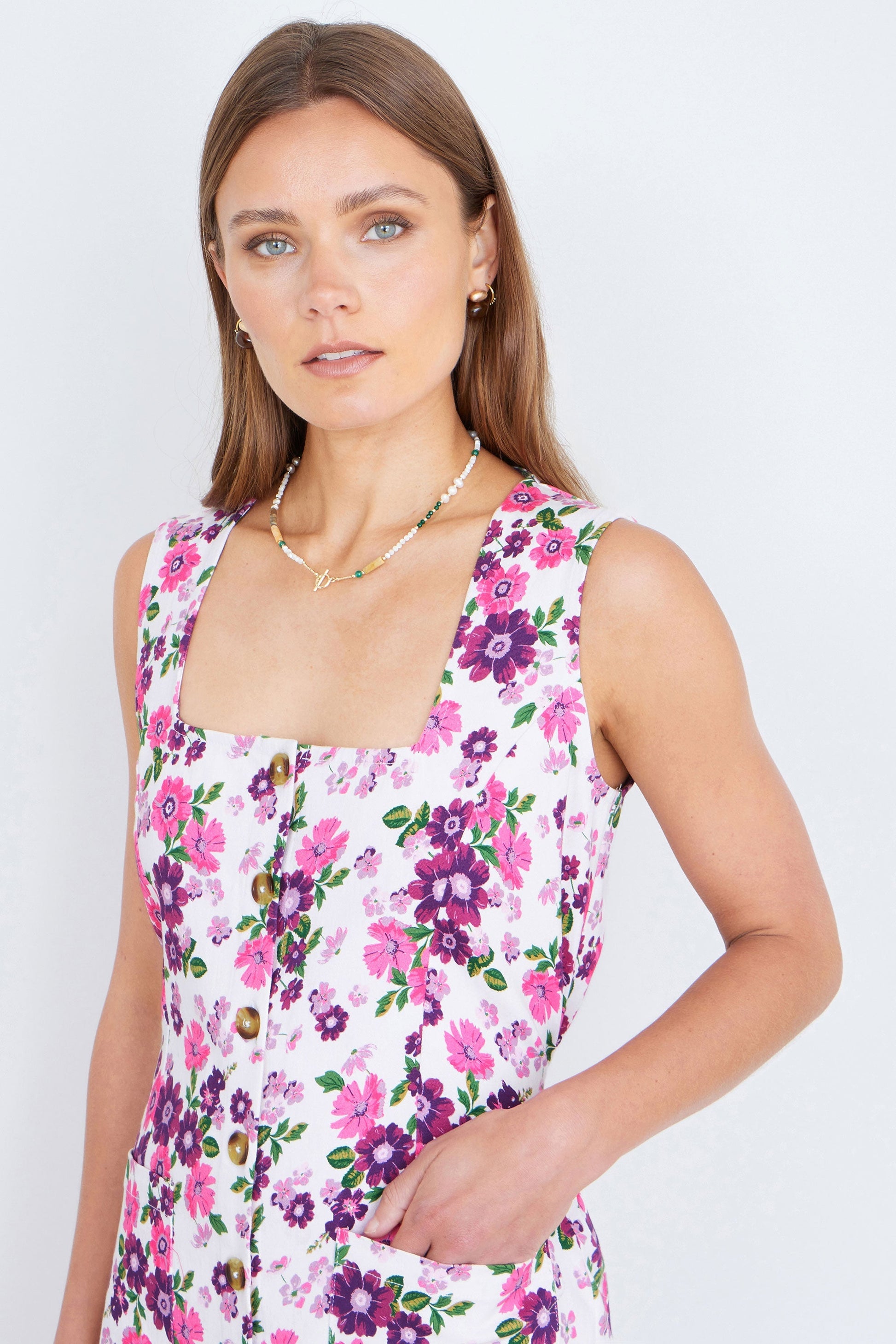 Yumi Pink Retro Floral Cotton Stretch Pinafore Dress - Bascora