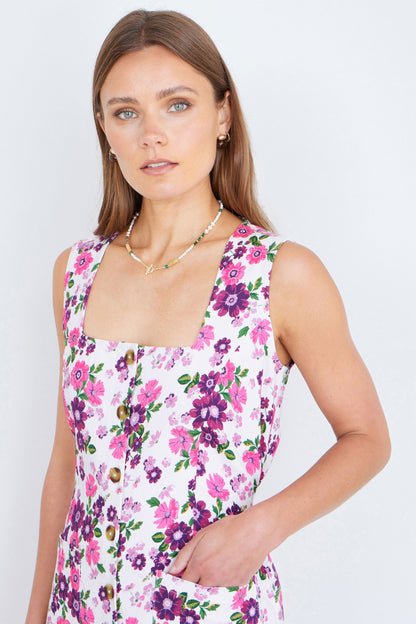 Yumi Pink Retro Floral Cotton Stretch Pinafore Dress - Bascora