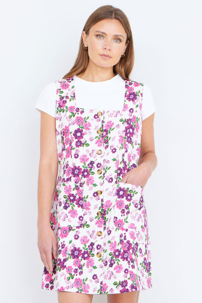 Yumi Pink Retro Floral Cotton Stretch Pinafore Dress - Bascora