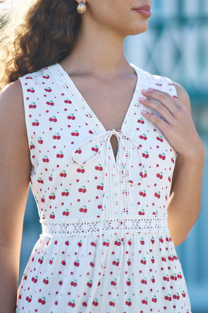Yumi White Cherry Print Lace Trim Cotton Midi Dress - Bascora