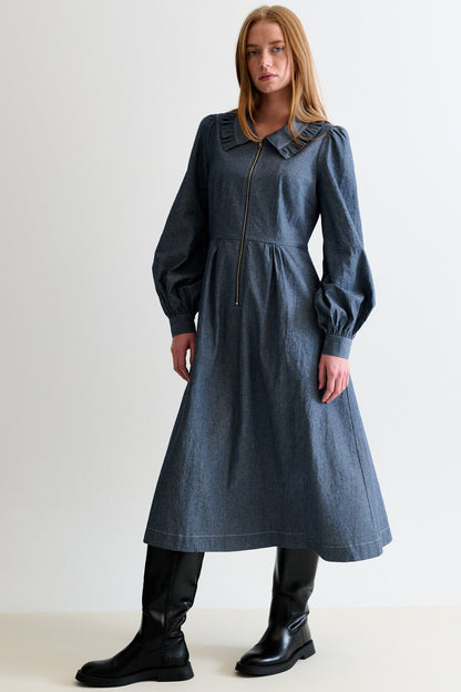Zoya Chambray Zip Front, Frill Collar Midi Dress - Dark Grey - Bascora