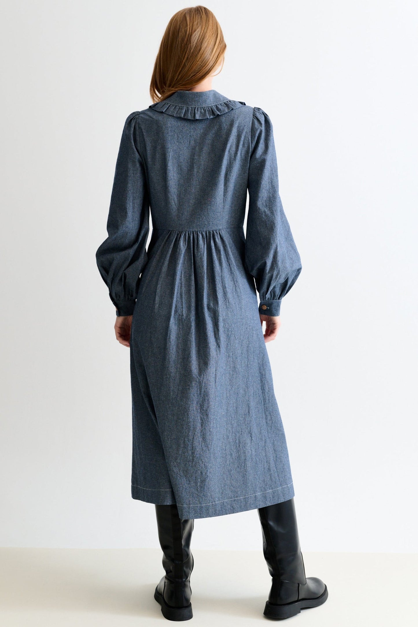 Zoya Chambray Zip Front, Frill Collar Midi Dress - Dark Grey - Bascora