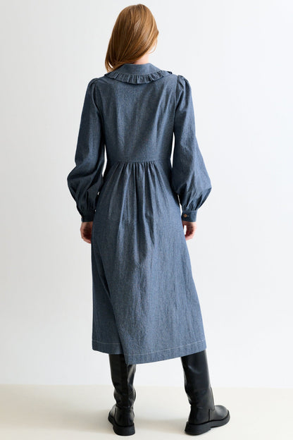 Zoya Chambray Zip Front, Frill Collar Midi Dress - Dark Grey - Bascora